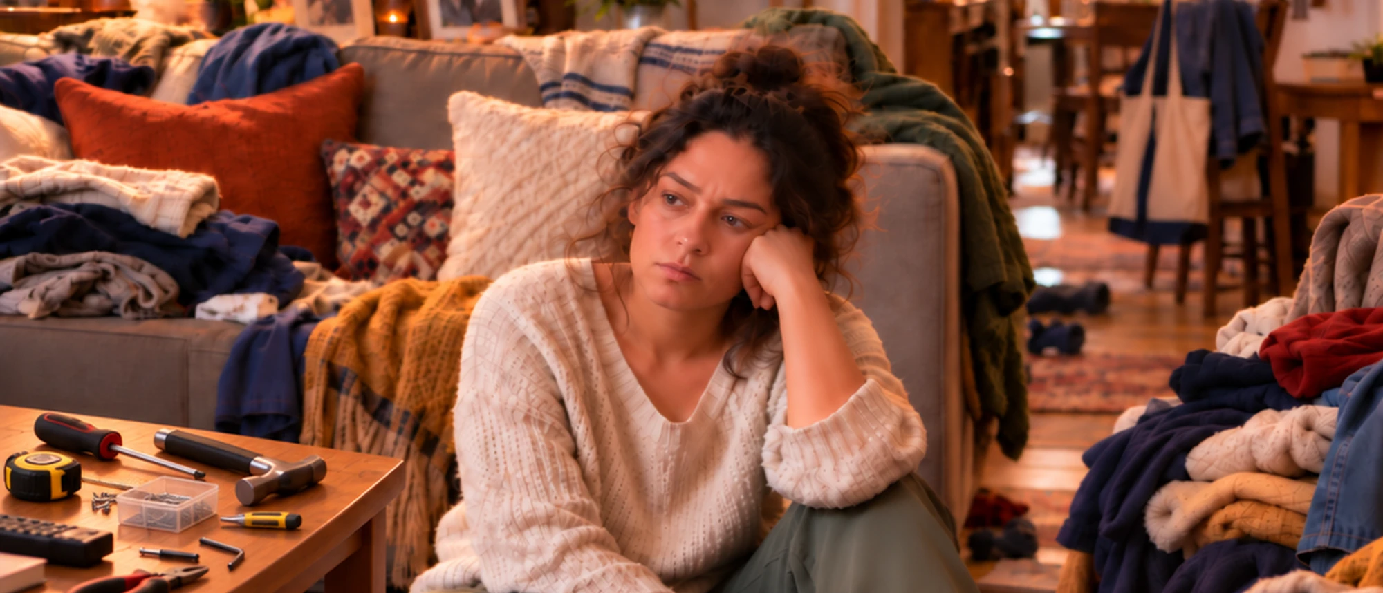 Young lady sitting on the floor in desperation surrounded by clutter.