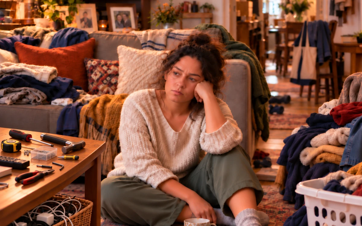Young lady sitting on the floor in desperation surrounded by clutter.